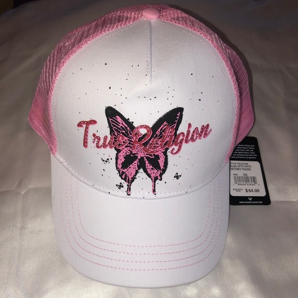 True Religion Optic White & Pink Mesh Butterfly Trucker Hat Rhinestone OS NWT main image 13